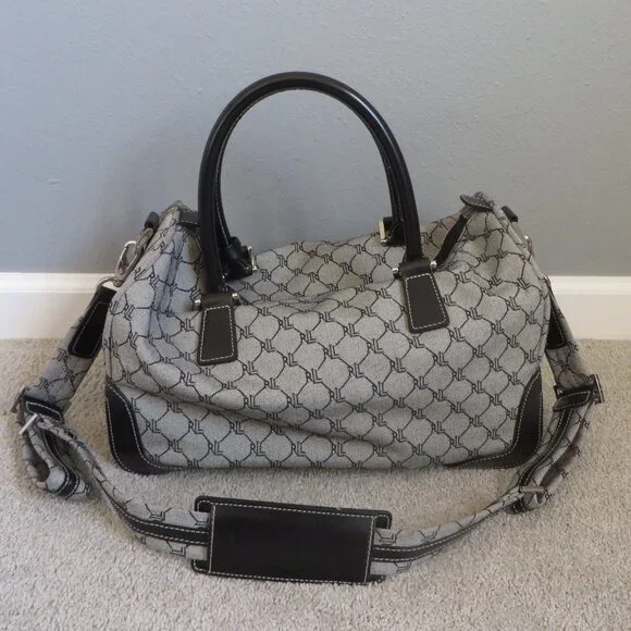 Vintage Ralph Lauren Signature Gray & Black Leather Trim Duffle Carry On Bag - Picture 3 of 9